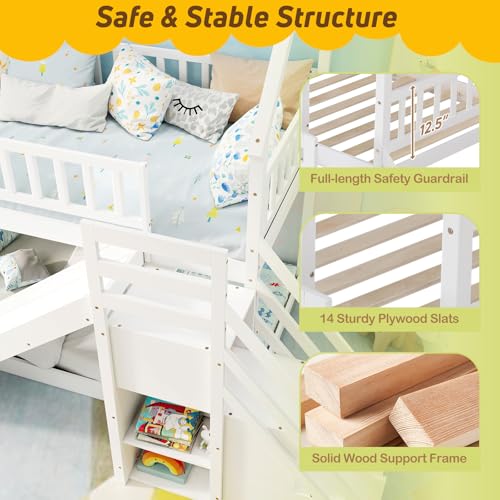White Wood Bunk Bed Twin Over Twin with Slide & Stairs I4199