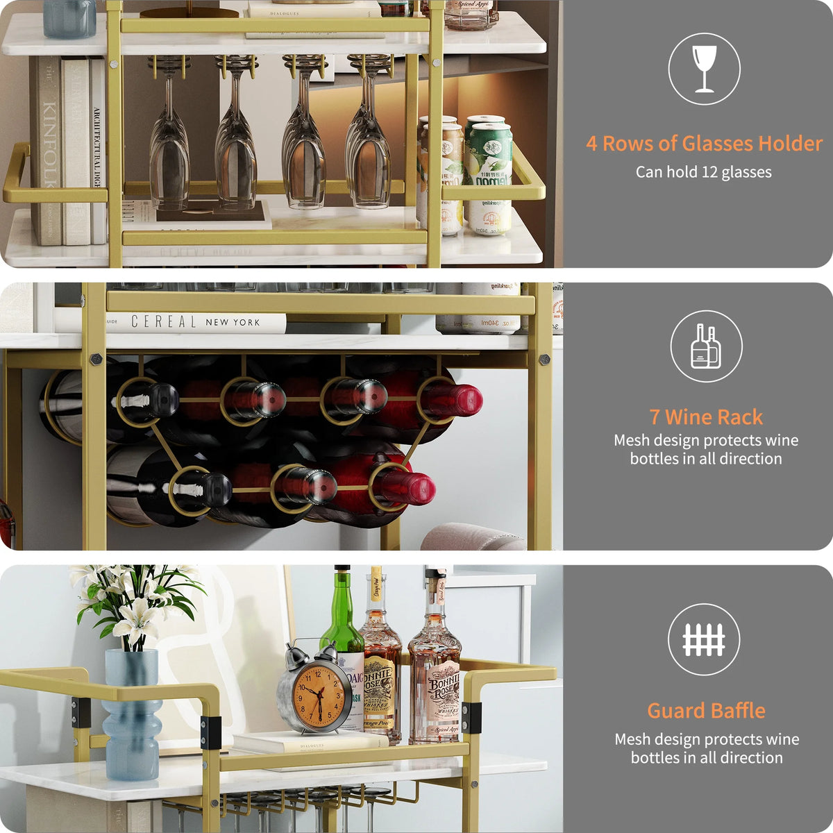 Golden 3-Tier Bar Cart with Wine Rack and Glass Cup Storage W9423