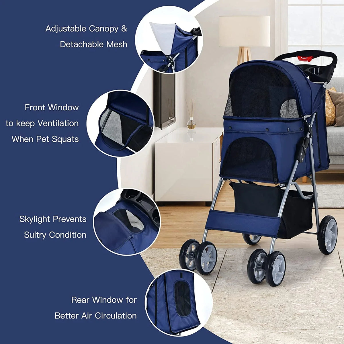 Navy Pet Stroller with 4 Lockable Wheels and Removable Liner V552958