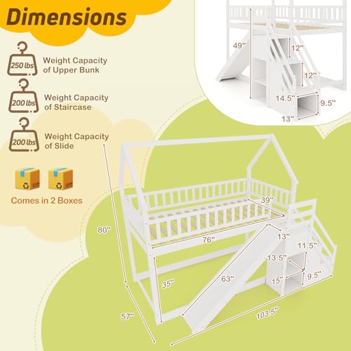 White Wood Bunk Bed Twin Over Twin with Slide & Stairs I4199