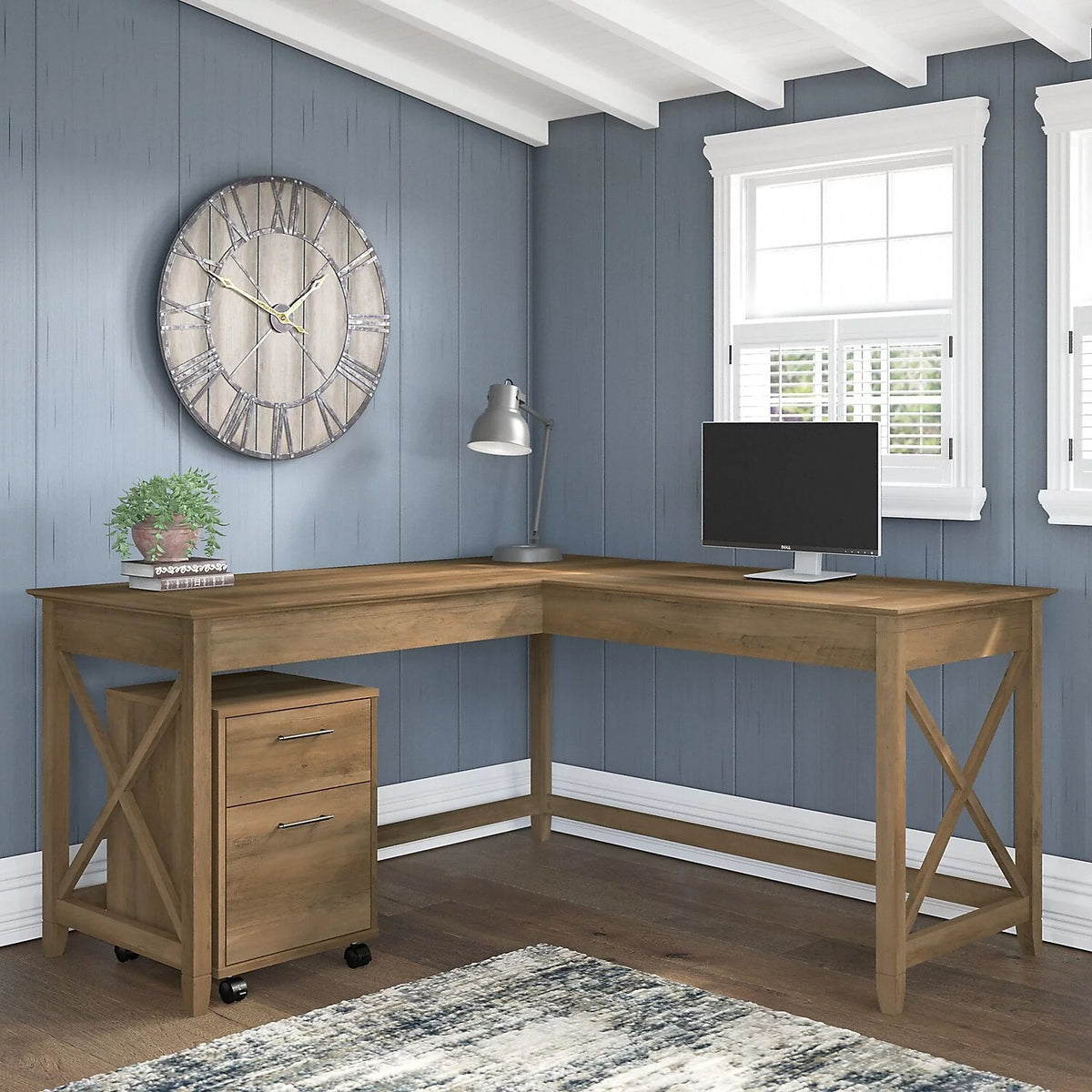 L Desk with Mobile File Cabinet in Reclaimed Pine Engineered Wood S2269