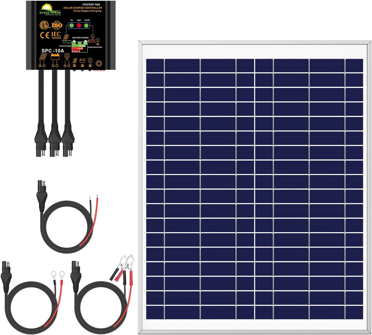 20W Poly Crystalline 12V Solar Panel Kit with 10A Charge Controller and 3-PCS SAE Cable Adapters M9616