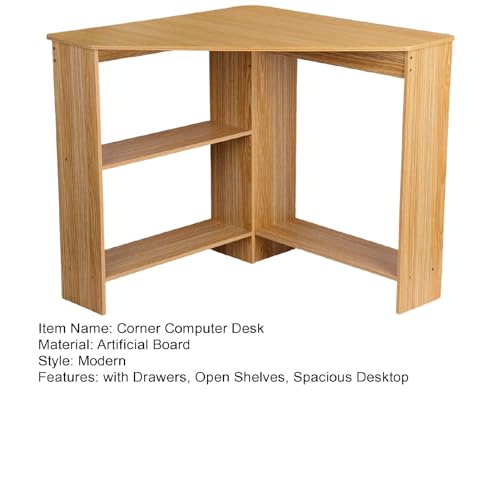 Light Brown Corner Desk with Drawers and Open Shelves D7011