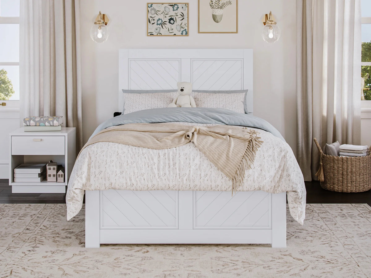 White Solid Wood Twin Bed Frame with Footboard I157