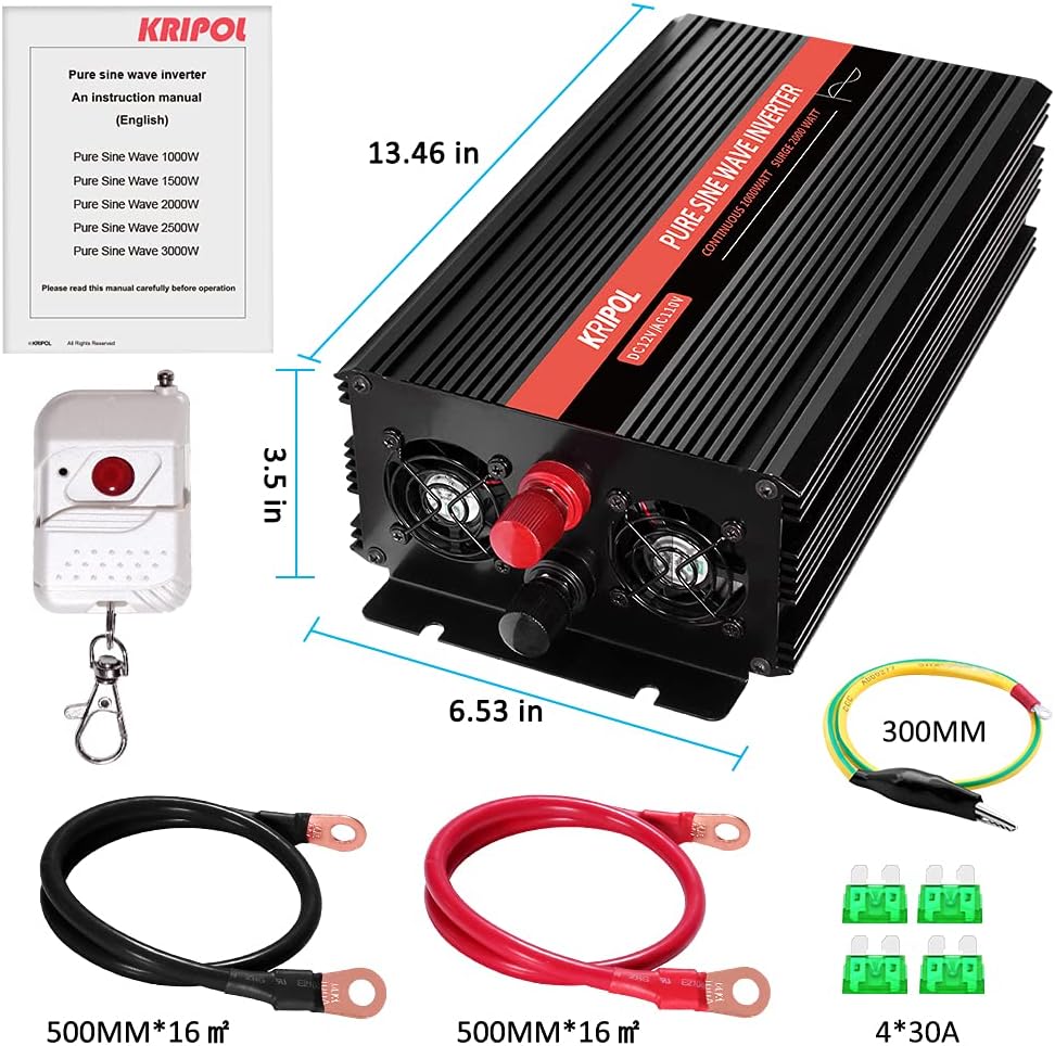 1000 Watt Pure Sine Wave Inverter 12v DC to 110/120v AC with 4 AC and USB Output Q1033