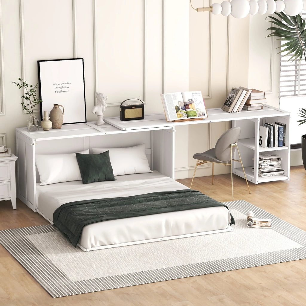White Queen Size Murphy Bed with Rotable Desk and 2 Storage Shelves J9773