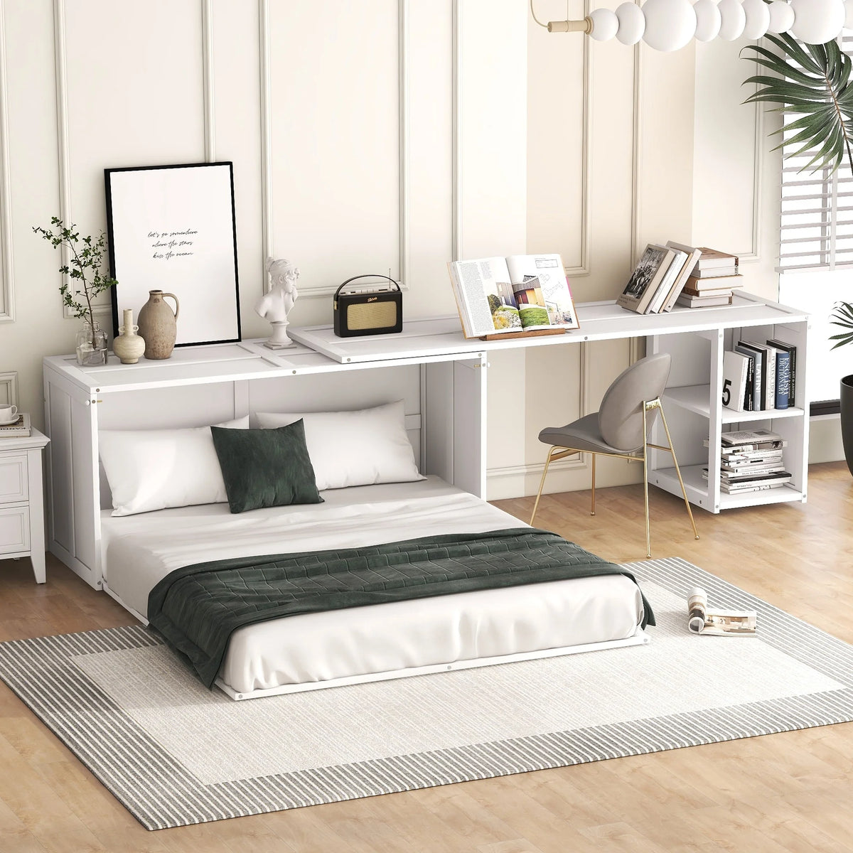 White Queen Size Murphy Bed with Rotable Desk and 2 Storage Shelves J9773