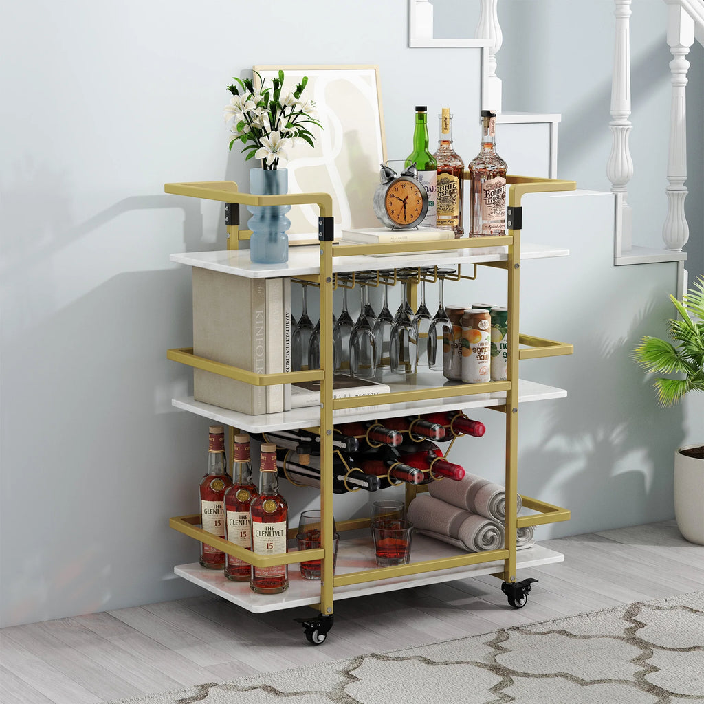 Golden 3-Tier Bar Cart with Wine Rack and Glass Cup Storage W9423
