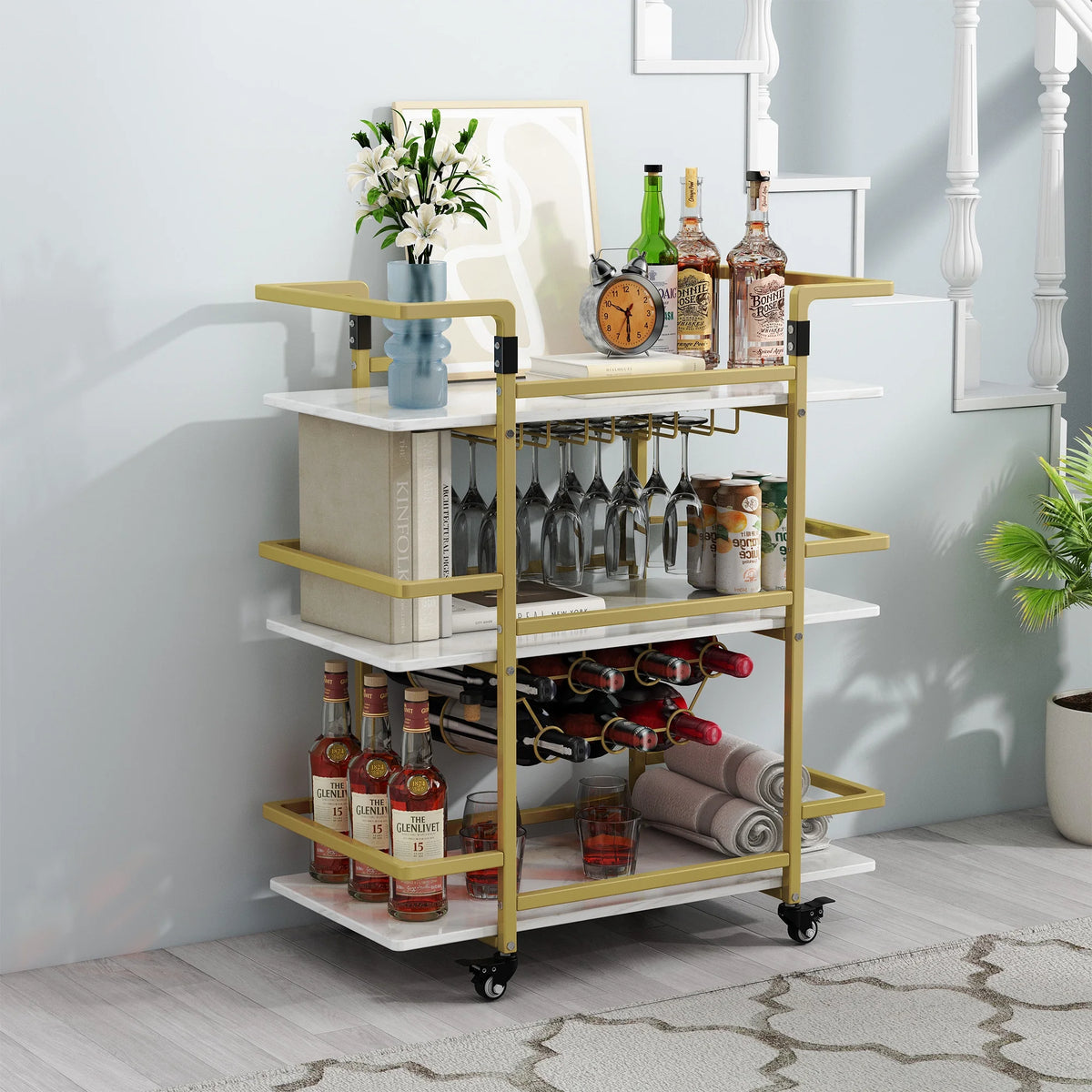 Golden 3-Tier Bar Cart with Wine Rack and Glass Cup Storage W9423
