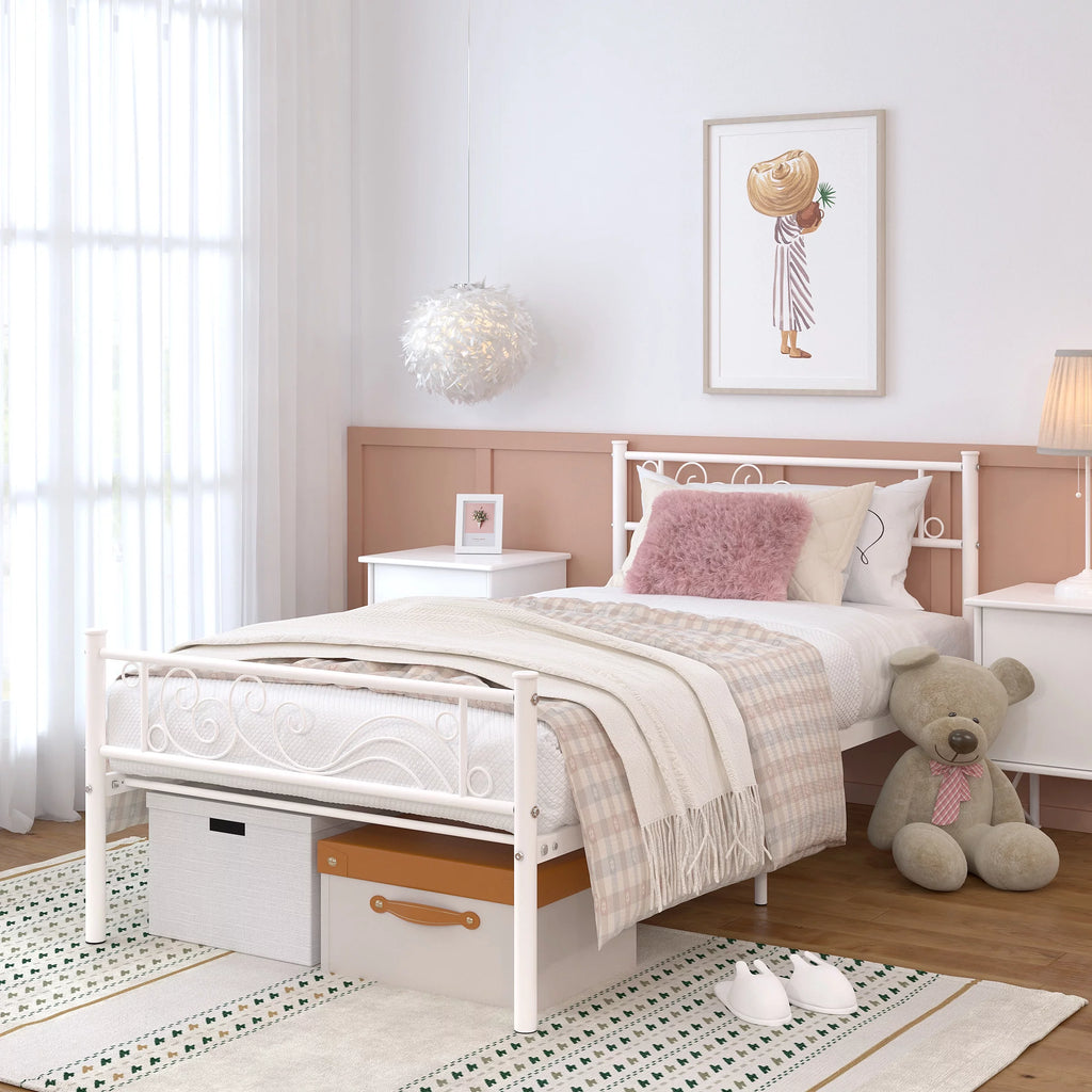 White Metal Twin Size Platform Bed Frame with Wave Headboard K187679