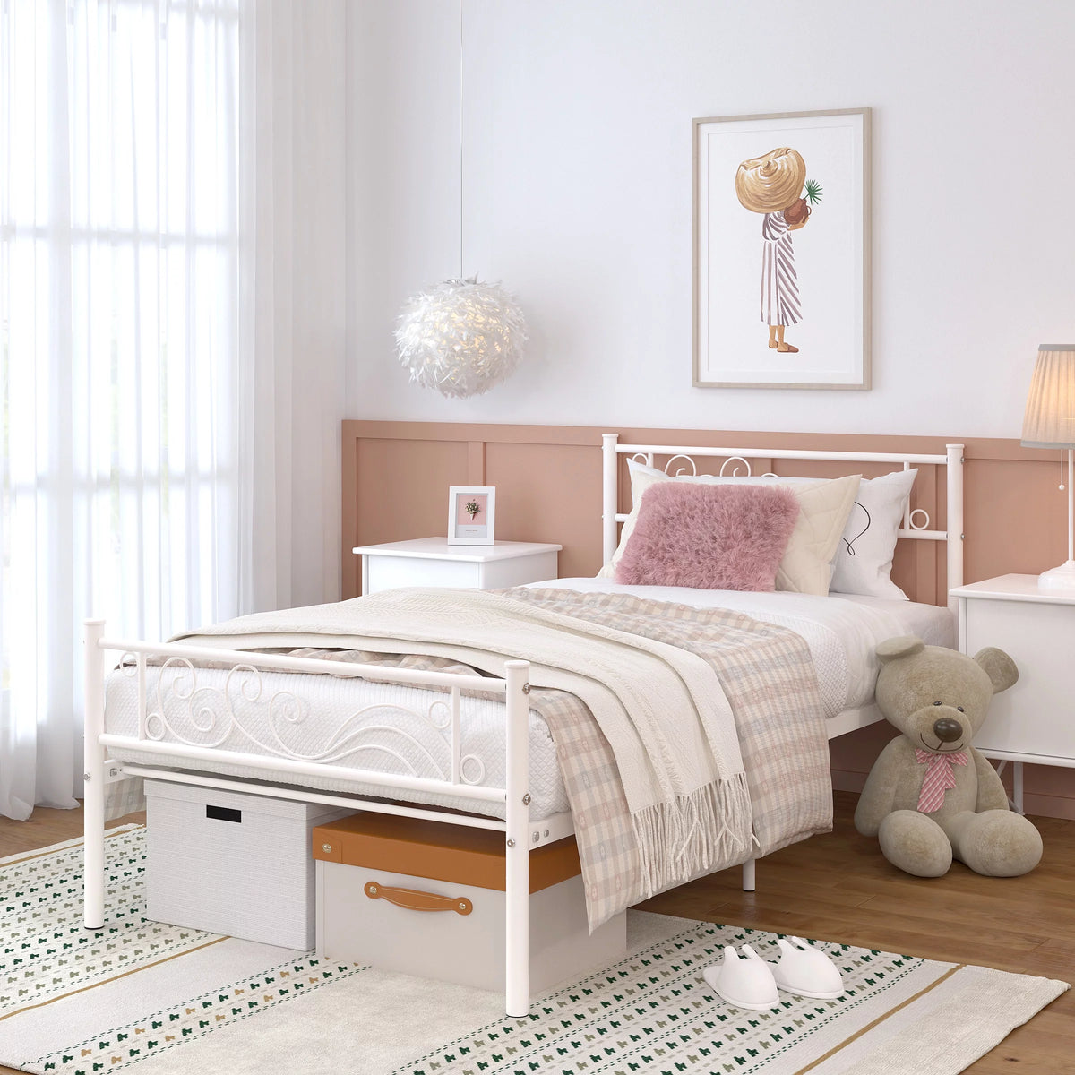 White Metal Twin Size Platform Bed Frame with Wave Headboard K187679