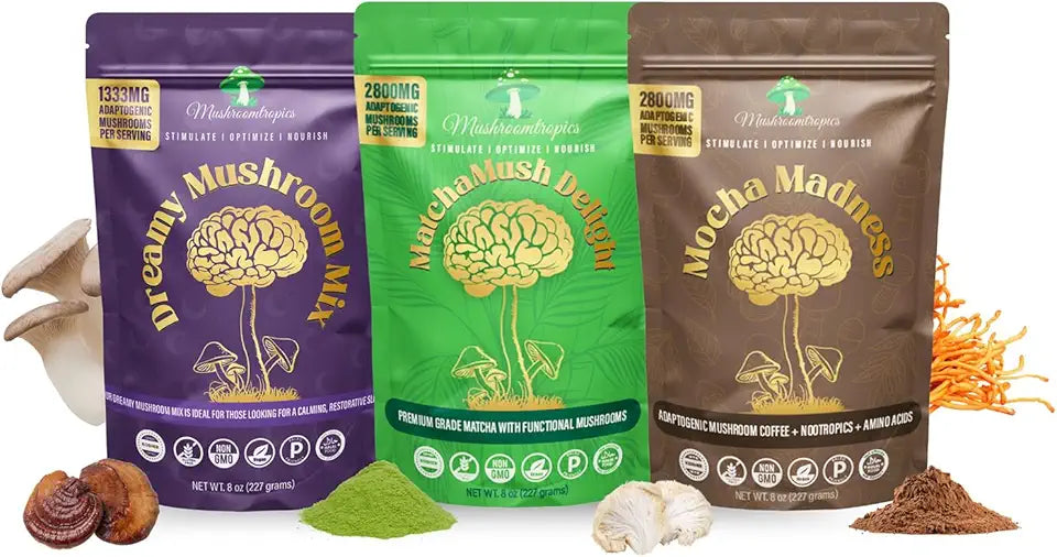 Organic Mushroom Coffee, Matcha and Hot Cocoa Blend with Lion's Mane, Reishi and Chamomile Y1603