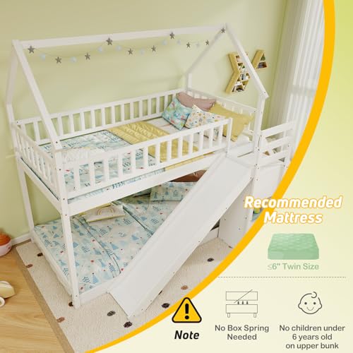 White Wood Bunk Bed Twin Over Twin with Slide & Stairs I4199