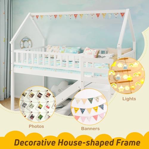 White Wood Bunk Bed Twin Over Twin with Slide & Stairs I4199