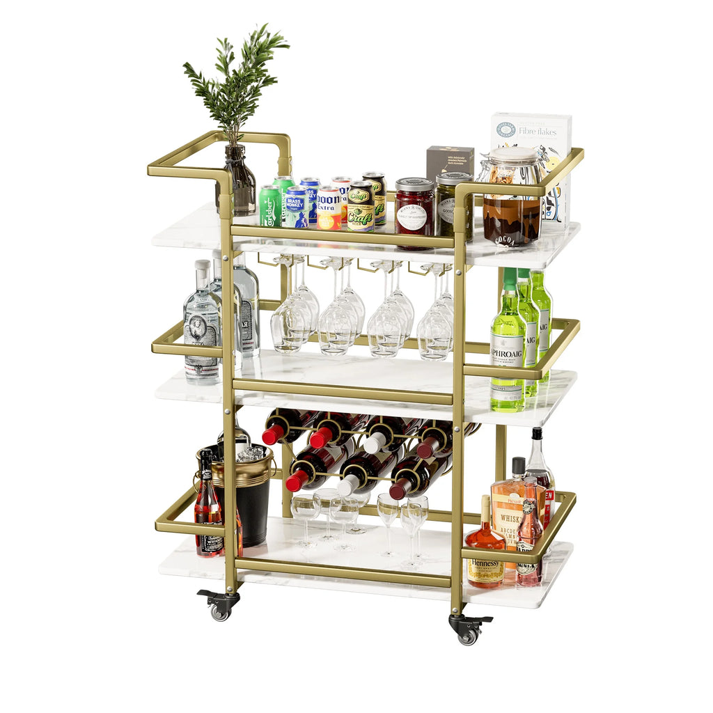 Golden 3-Tier Bar Cart with Wine Rack and Glass Cup Storage W9423