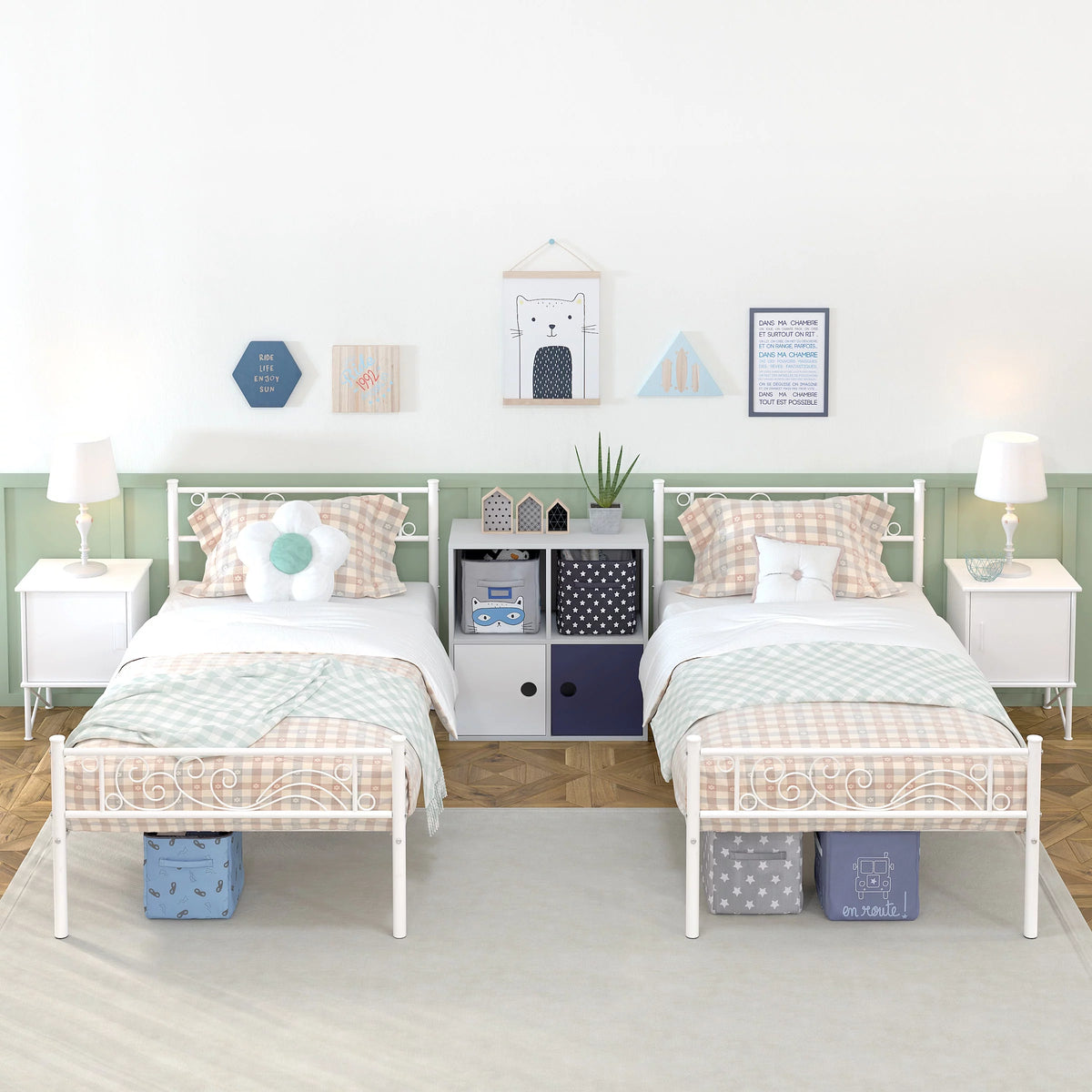 White Metal Twin Size Platform Bed Frame with Wave Headboard K187679