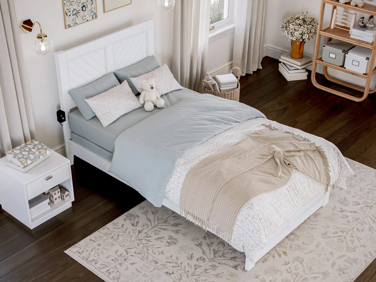 White Solid Wood Twin Bed Frame with Footboard I157