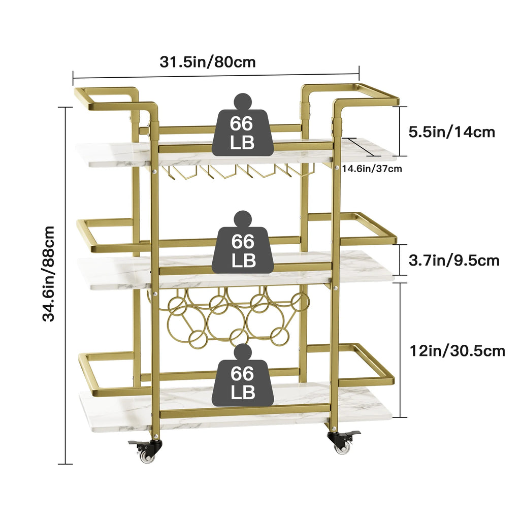 Golden 3-Tier Bar Cart with Wine Rack and Glass Cup Storage W9423