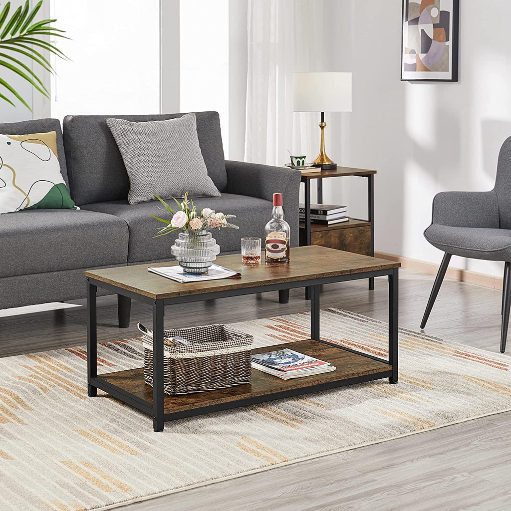 2-Tier Wood Coffee Table with Storage Shelf Metal Frame P9551