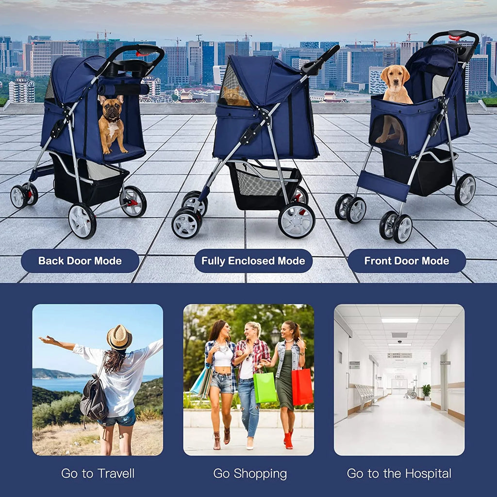 Navy Pet Stroller with 4 Lockable Wheels and Removable Liner V552958