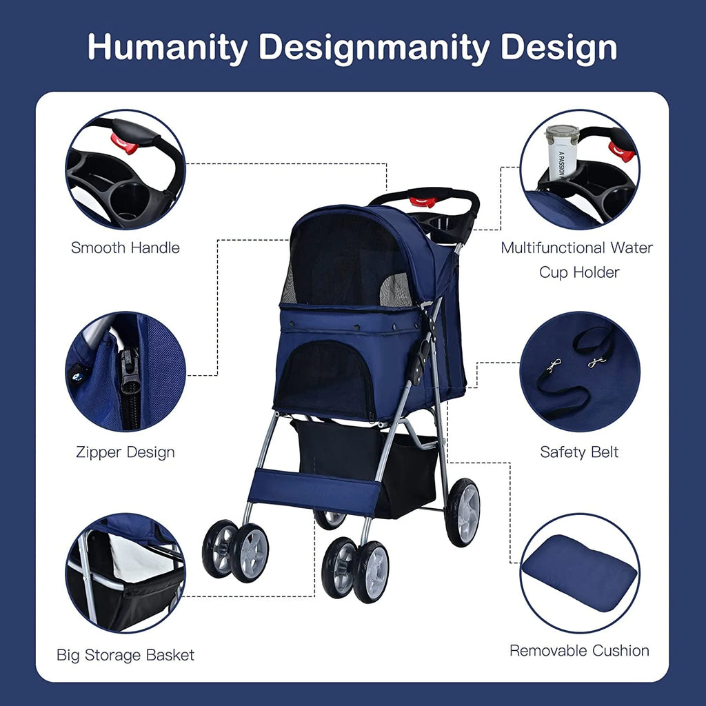 Navy Pet Stroller with 4 Lockable Wheels and Removable Liner V552958