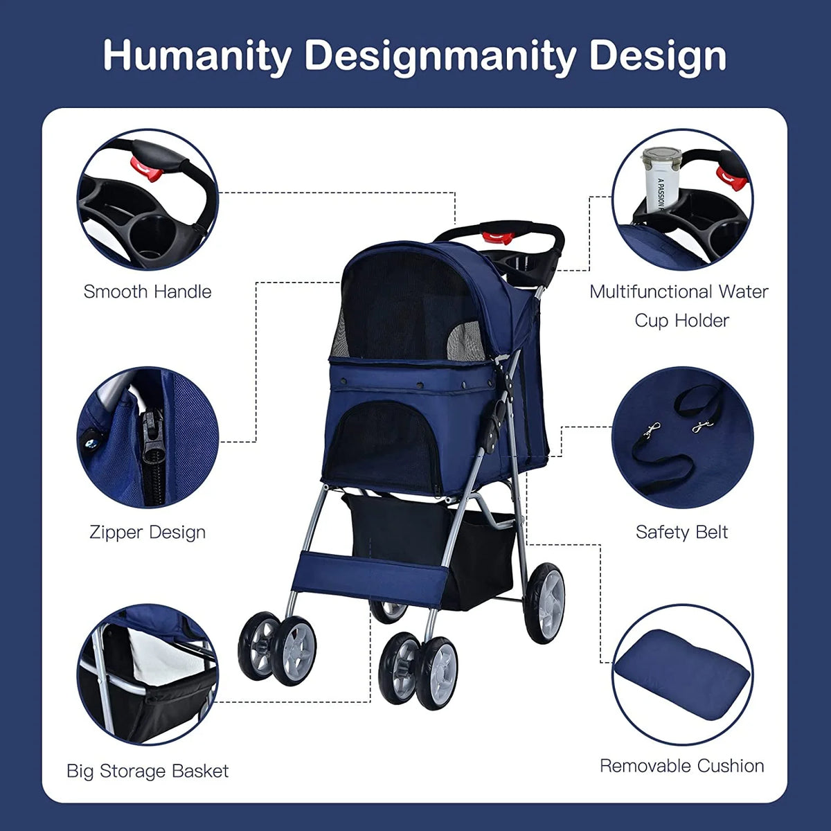 Navy Pet Stroller with 4 Lockable Wheels and Removable Liner V552958