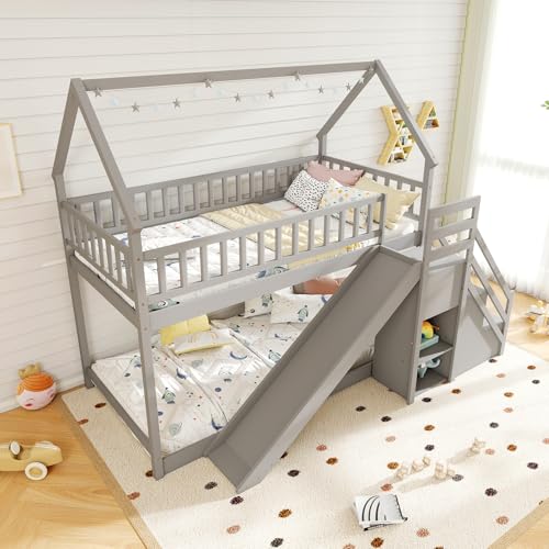 White Wood Bunk Bed Twin Over Twin with Slide & Stairs I4199