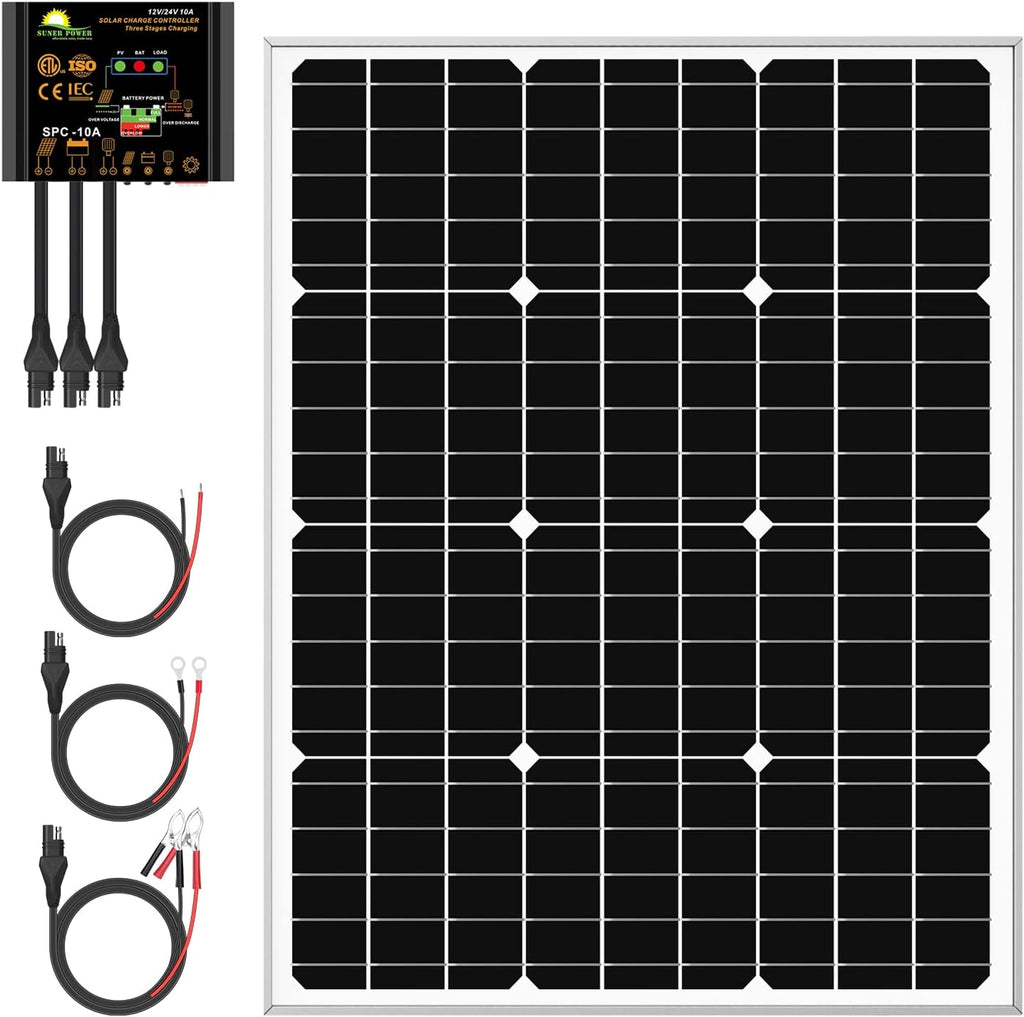 20W Poly Crystalline 12V Solar Panel Kit with 10A Charge Controller and 3-PCS SAE Cable Adapters M9616