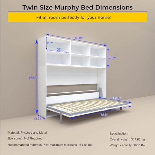 White Full Size Murphy Bed Cabinet with Shelf and Drawers Y900