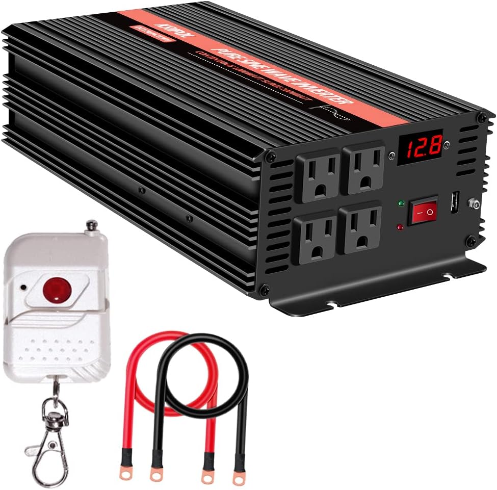 1000 Watt Pure Sine Wave Inverter 12v DC to 110/120v AC with 4 AC and USB Output Q1033