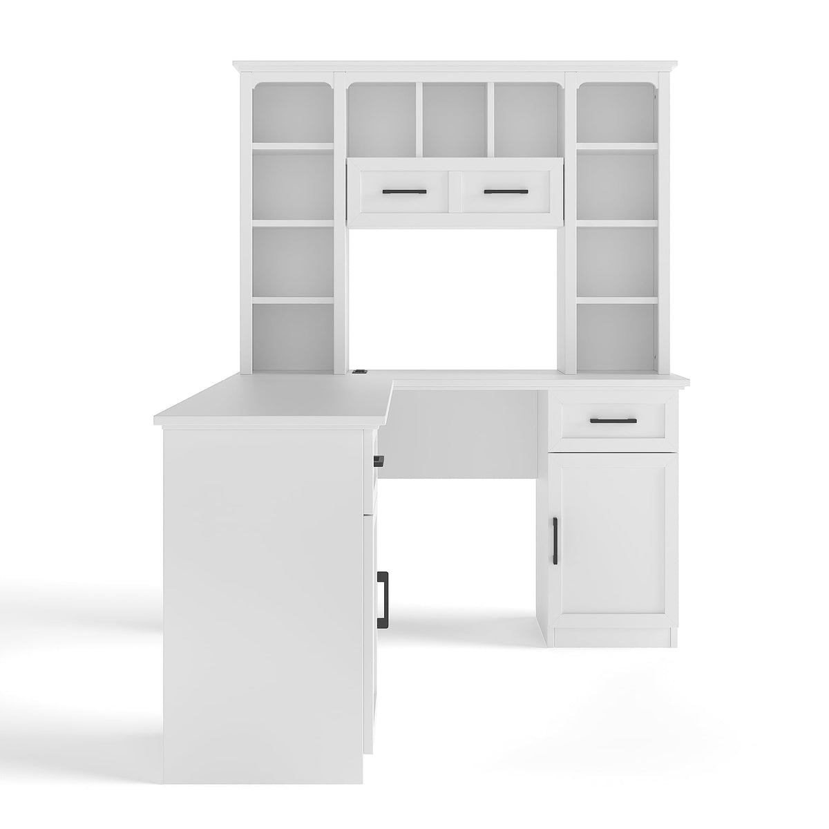 65 Inch White L Shaped Computer Desk with Hutch and Drawers T7457