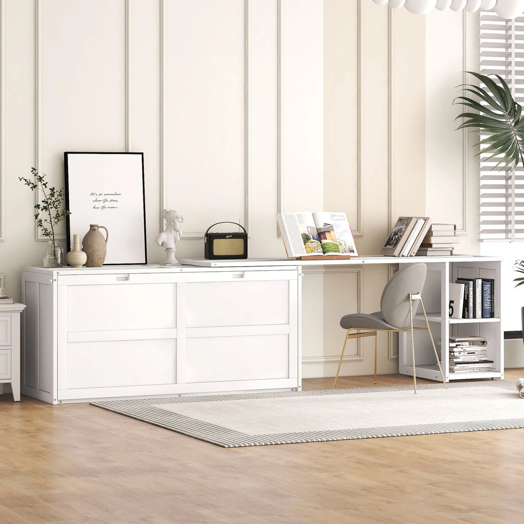 White Queen Size Murphy Bed with Rotable Desk and 2 Storage Shelves J9773