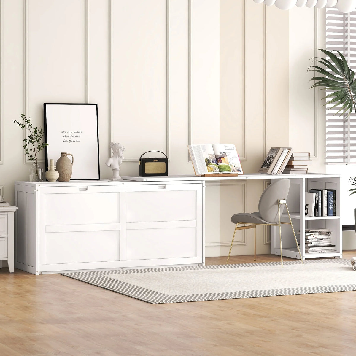 White Queen Size Murphy Bed with Rotable Desk and 2 Storage Shelves J9773