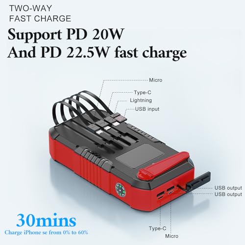 Solar Power Bank 66800mAh Hand Crank 4 Cables 22.5W Fast Charge Black P4497
