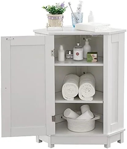 White Wood Corner Cabinet with Single Door and Shelves Z12951