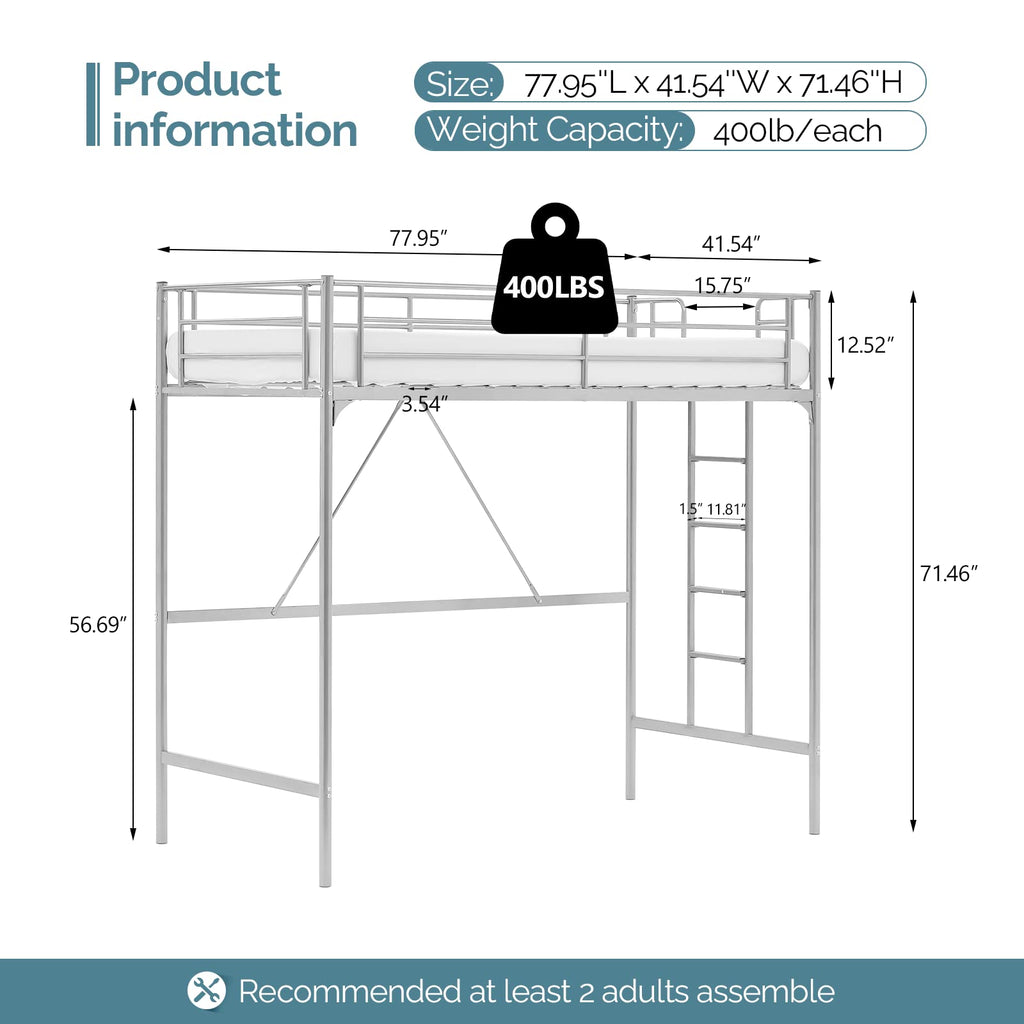 71 Inches Tall Twin Size Metal Loft Bed with Ladder and Safety Guard Rails, Gray N391337