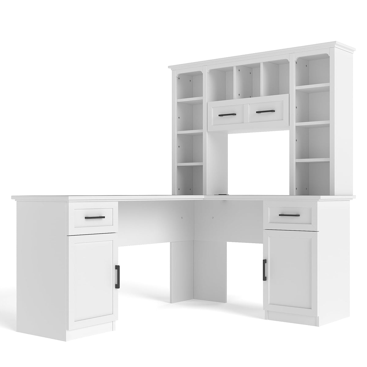 65 Inch White L Shaped Computer Desk with Hutch and Drawers T7457