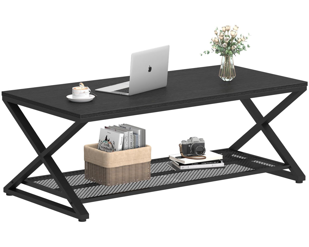 Black 2 Tier Wood Coffee Table with Storage N3953