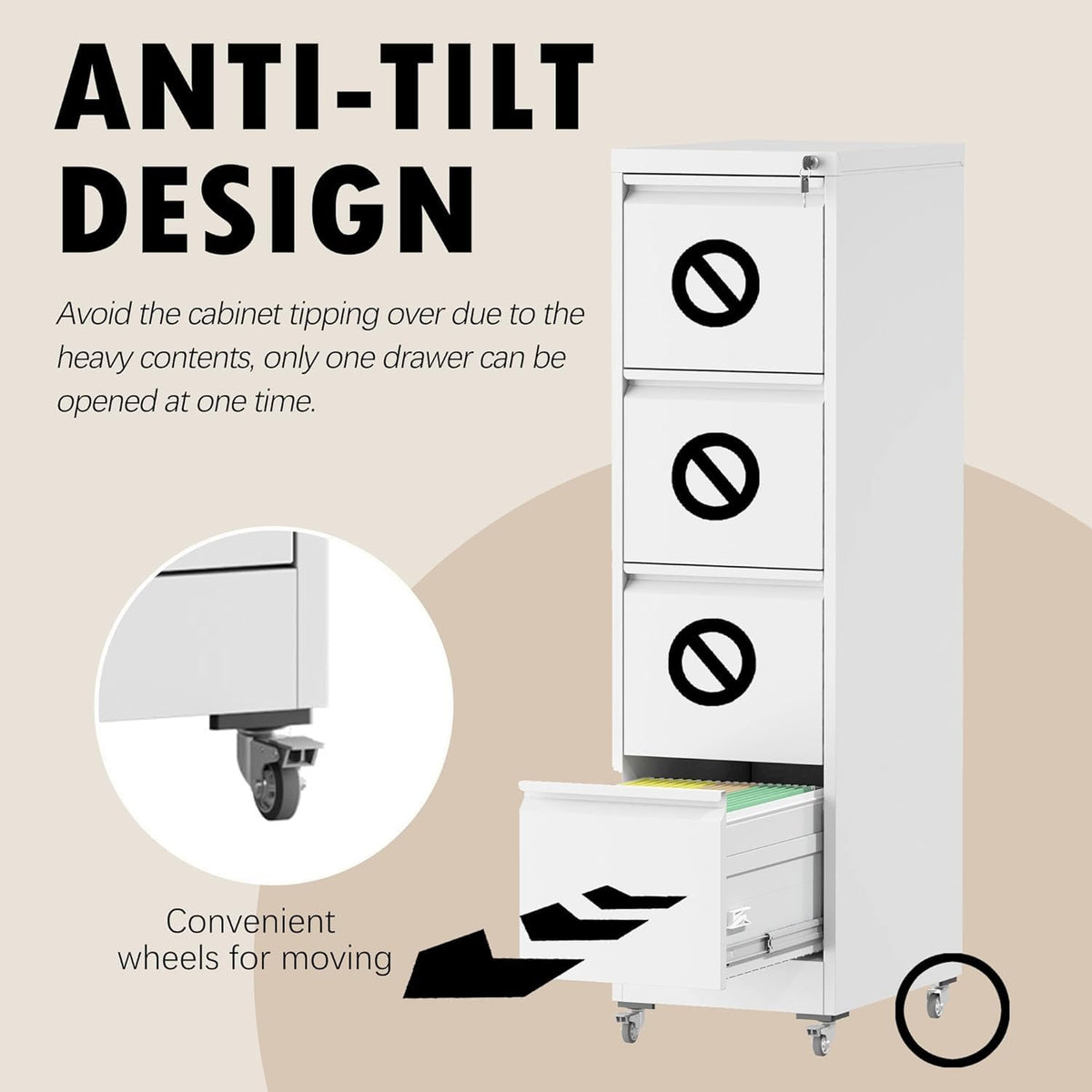White 4 Drawer Metal File Cabinet with Wheels F6197