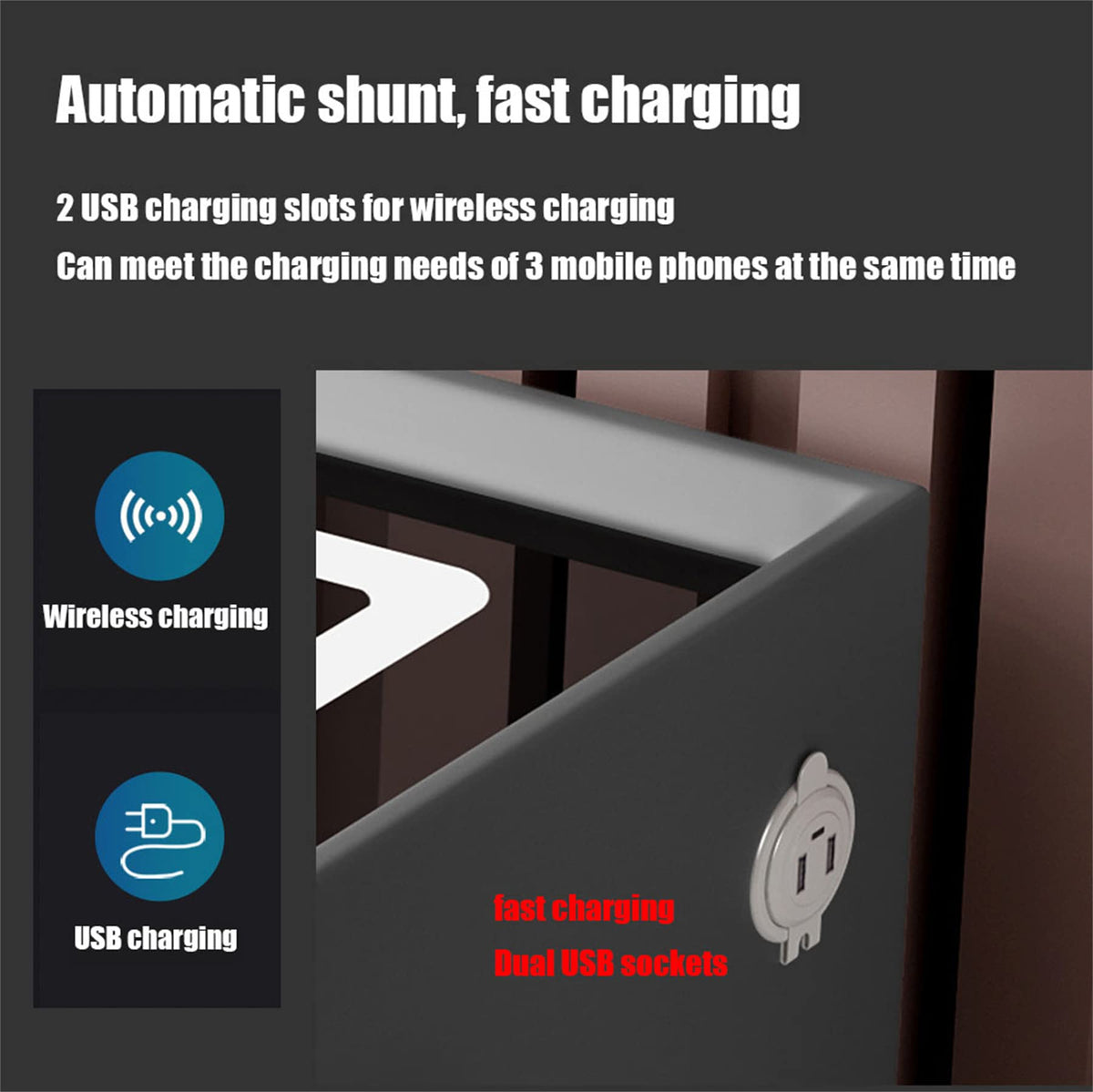 LED Nightstand with Fingerprint Lock, Wireless Charging Station, 2 Speakers, 3 Color LED Light, 2 USB B704