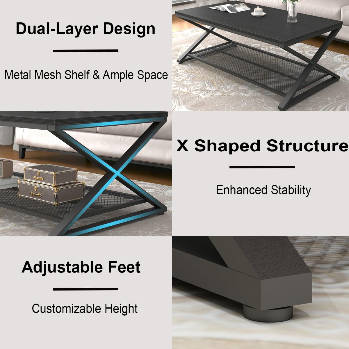 Black 2 Tier Wood Coffee Table with Storage N3953