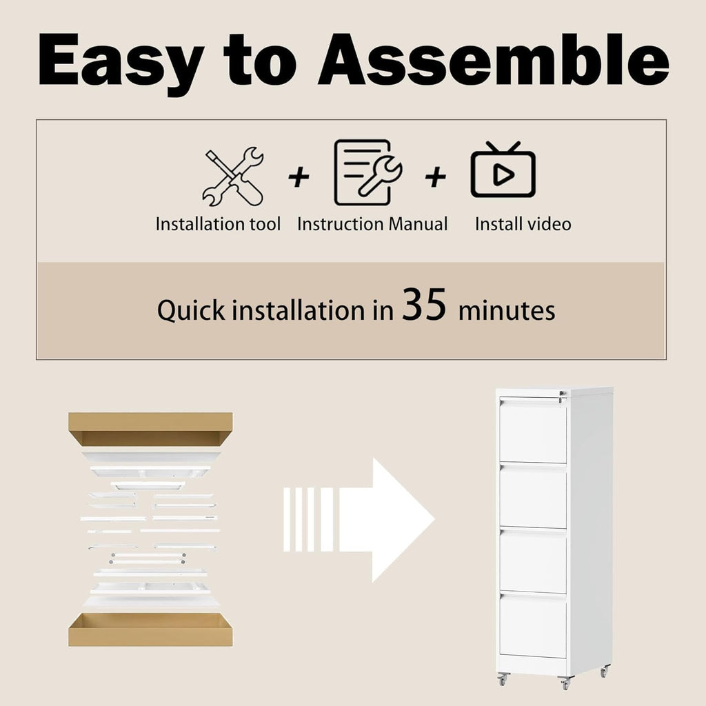 White 4 Drawer Metal File Cabinet with Wheels F6197