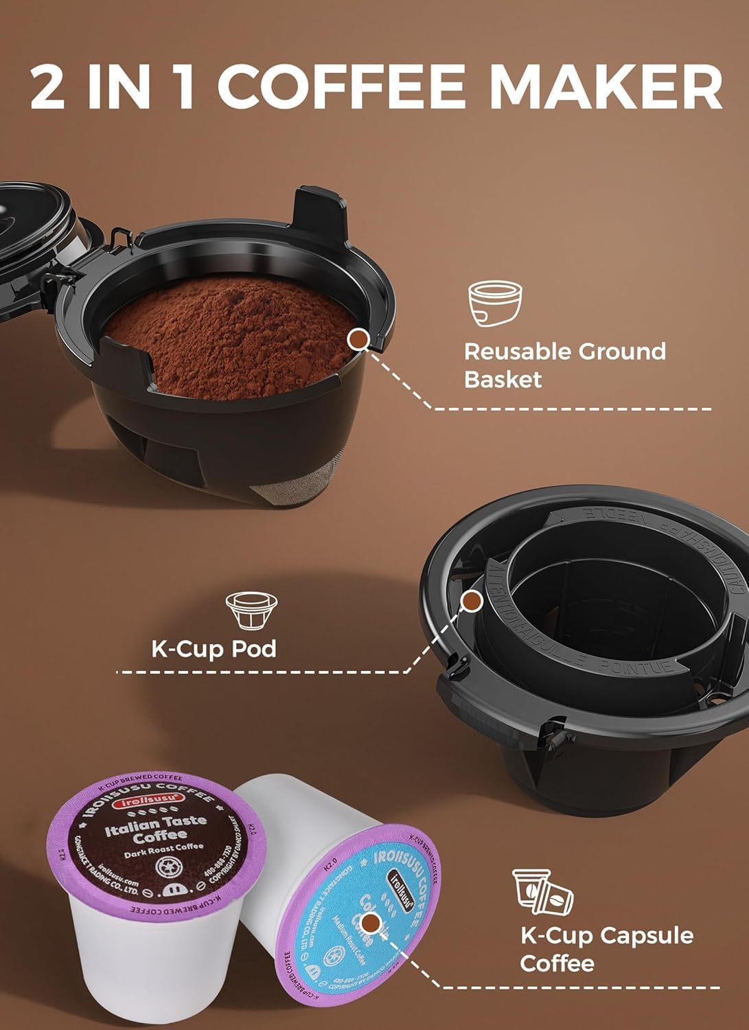 Single Serve Coffee Maker, 2 in 1 Capsule & Ground Coffee Brewer, 40 Oz Removable Water Tank B500