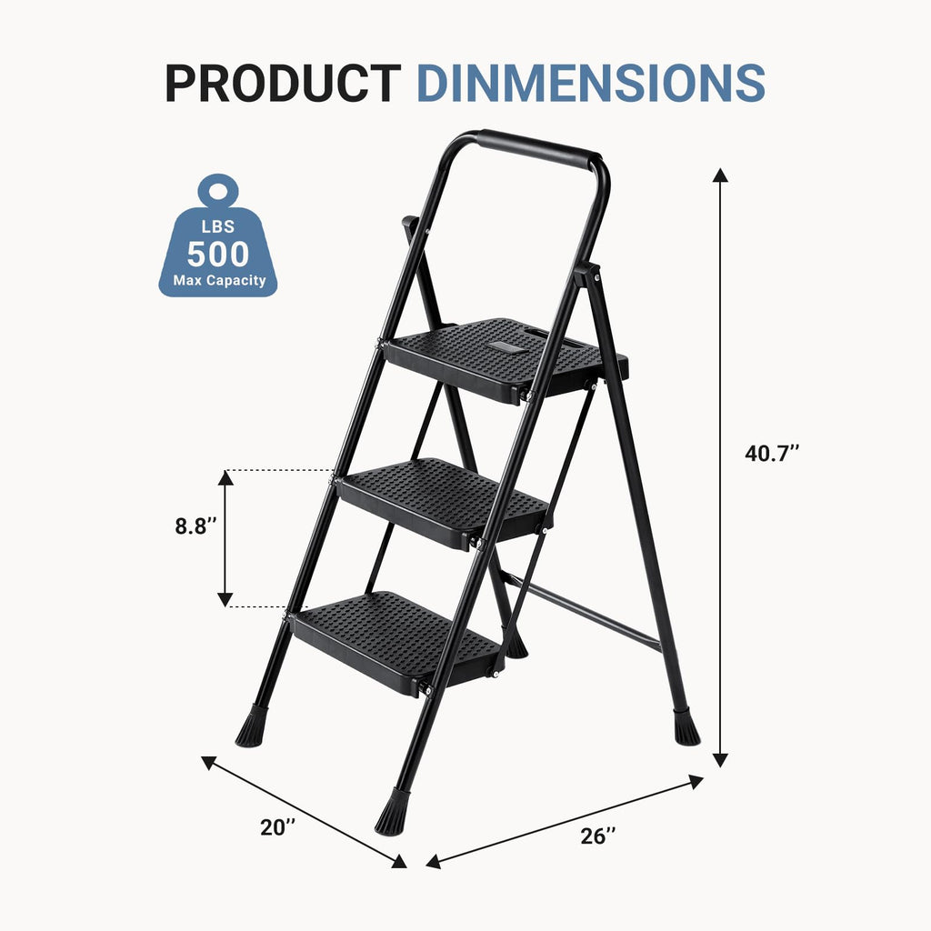 3 Step Ladder with Anti-Slip Pedal and Handrail, 500lbs, Black L3138