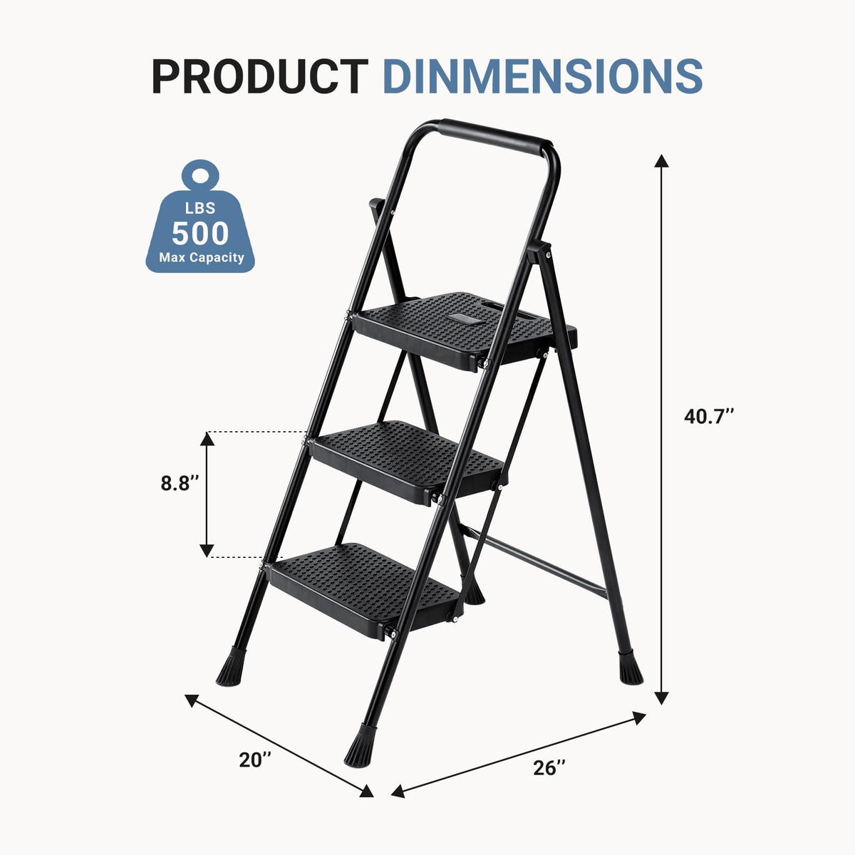 3 Step Ladder with Anti-Slip Pedal and Handrail, 500lbs, Black L3138