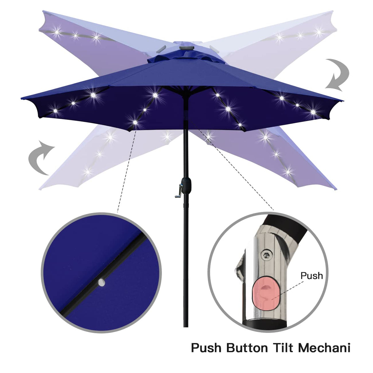 9' Solar LED Patio Umbrella, 8 Ribs, Tilt & Crank (Navy Blue) I9029