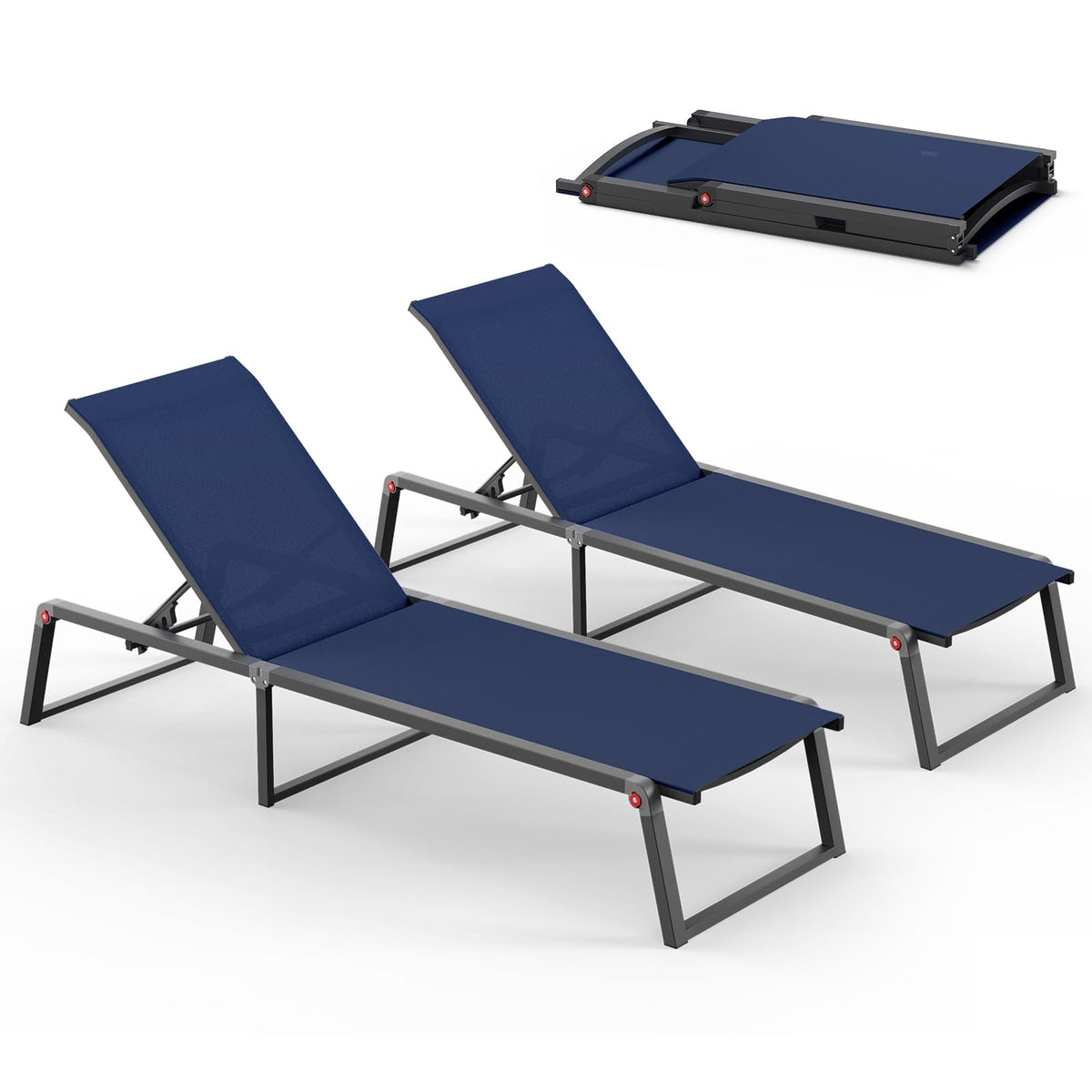 Aluminum Foldable 5-Position Chaise Lounge Chair, Navy Blue, 2 Pack Y3259