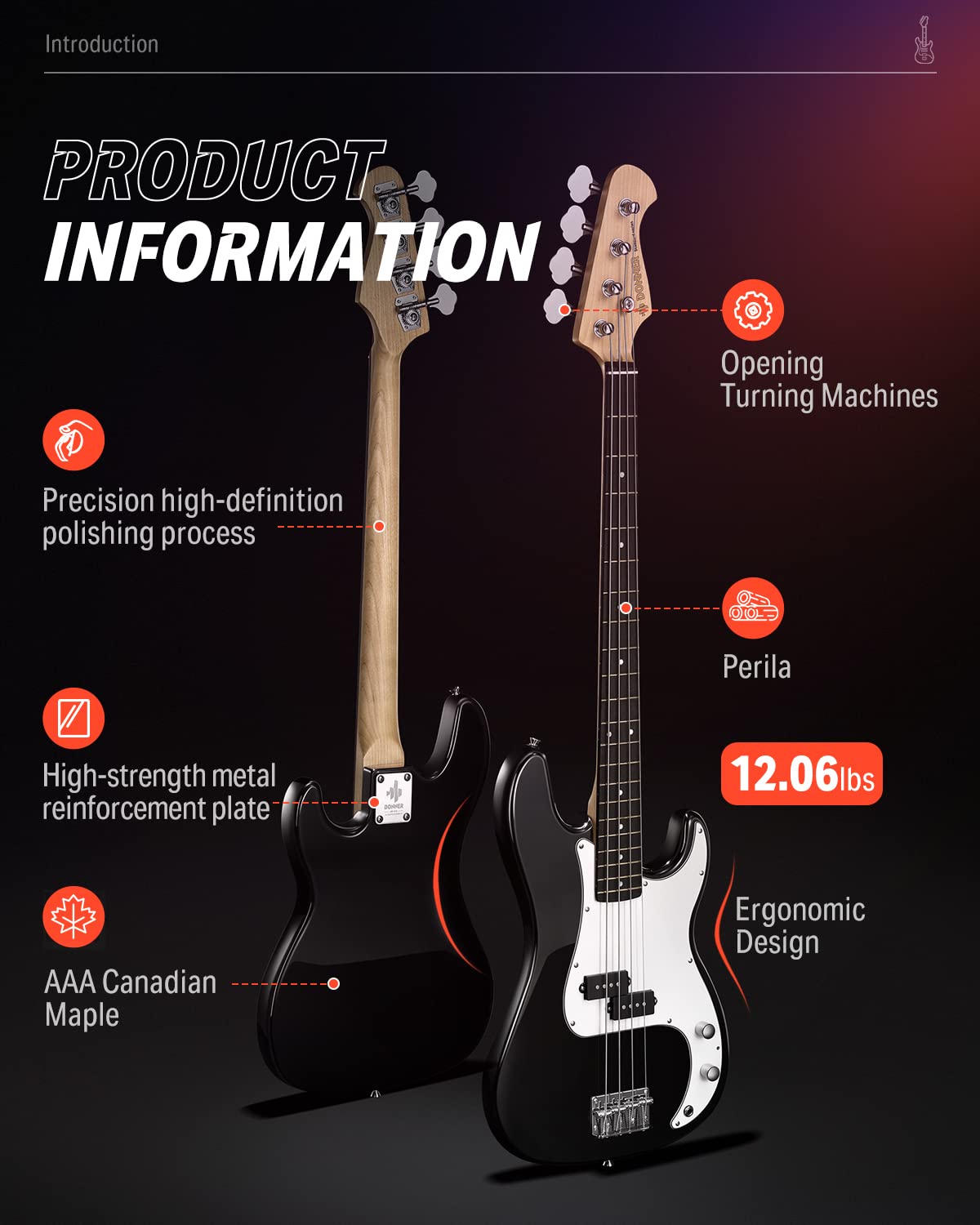 Electric Bass 4 Strings Full-Size Guitar Kit PB-Style Black G8684