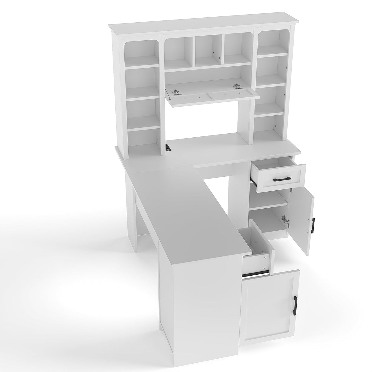 65 Inch White L Shaped Computer Desk with Hutch and Drawers T7457