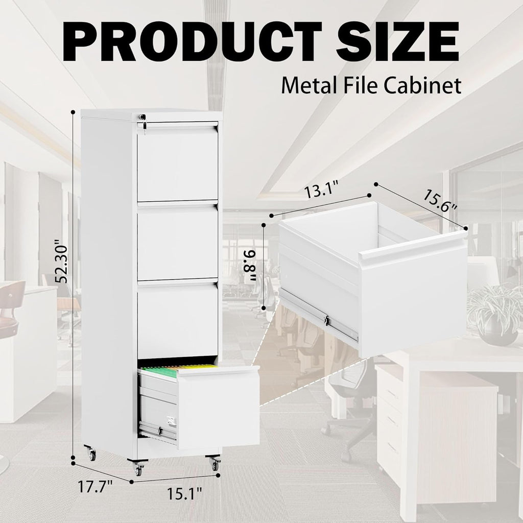 White 4 Drawer Metal File Cabinet with Wheels F6197